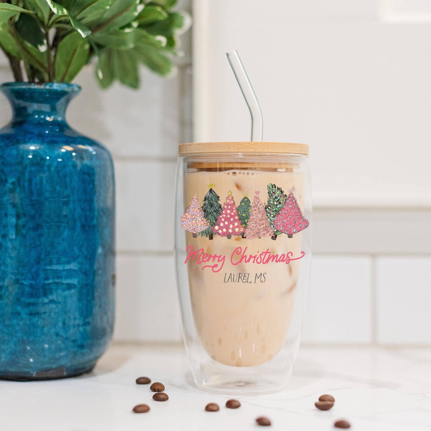 16oz Custom Insulated Glass Tumbler Pink Christmas Trees