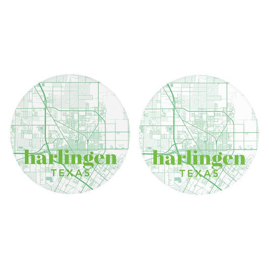 Bright Modern Green Map Texas Harlingen | Absorbent Car Coasters | Set of 2 | Min 4