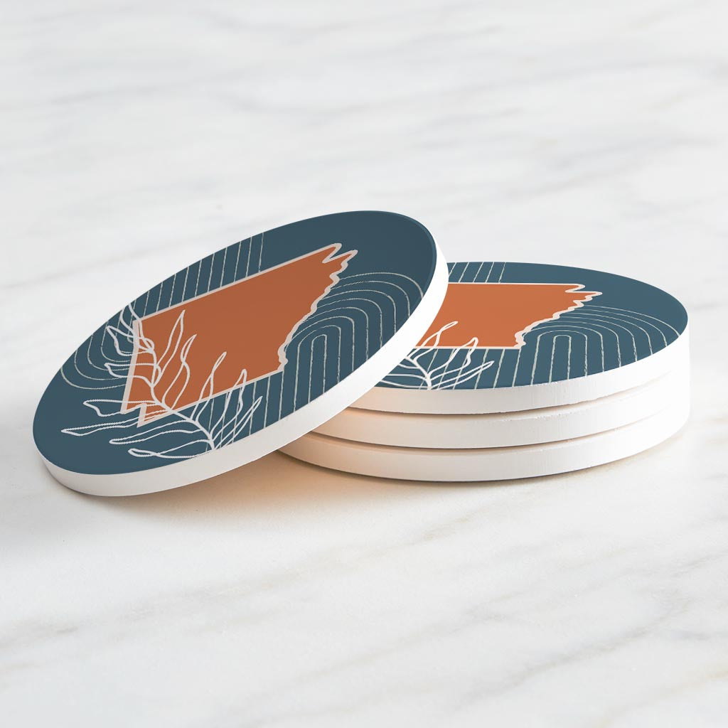 Modern Minimalist Arkansas State Shape With Leaf | Absorbent Coasters | Set of 4 | Min 2