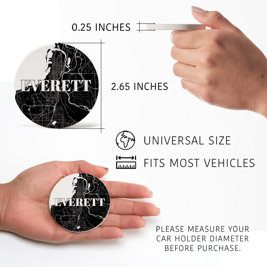 Minimalistic B&W Washington Everett Map | Absorbent Car Coasters | Set of 2 | Min 4