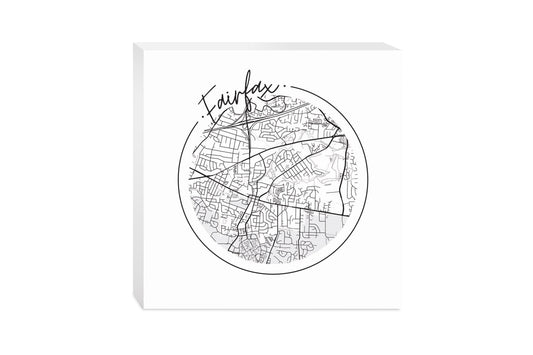 Minimalistic B&W Virginia Fairfax Circle Map | Wood Block | Eaches | Min 2