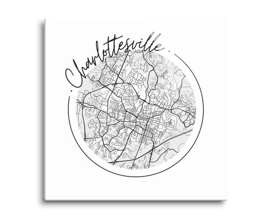 Minimalistic B&W Virginia Charlottesville Circle Map | Hi-Def Glass Art | Eaches | Min 2