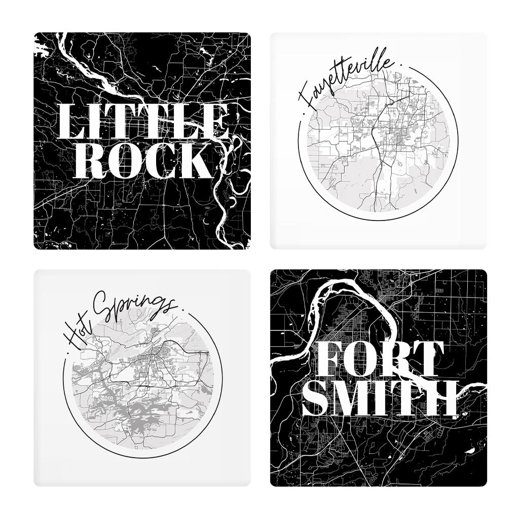 B&W Minimalist Arkansas Maps | Absorbent Coasters | Set of 4 | Min 2
