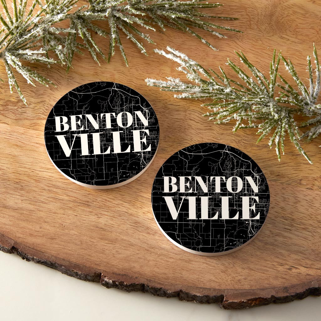 Minimalist B&W Arkansas Bentonville Map | Absorbent Car Coasters | Set of 2 | Min 4