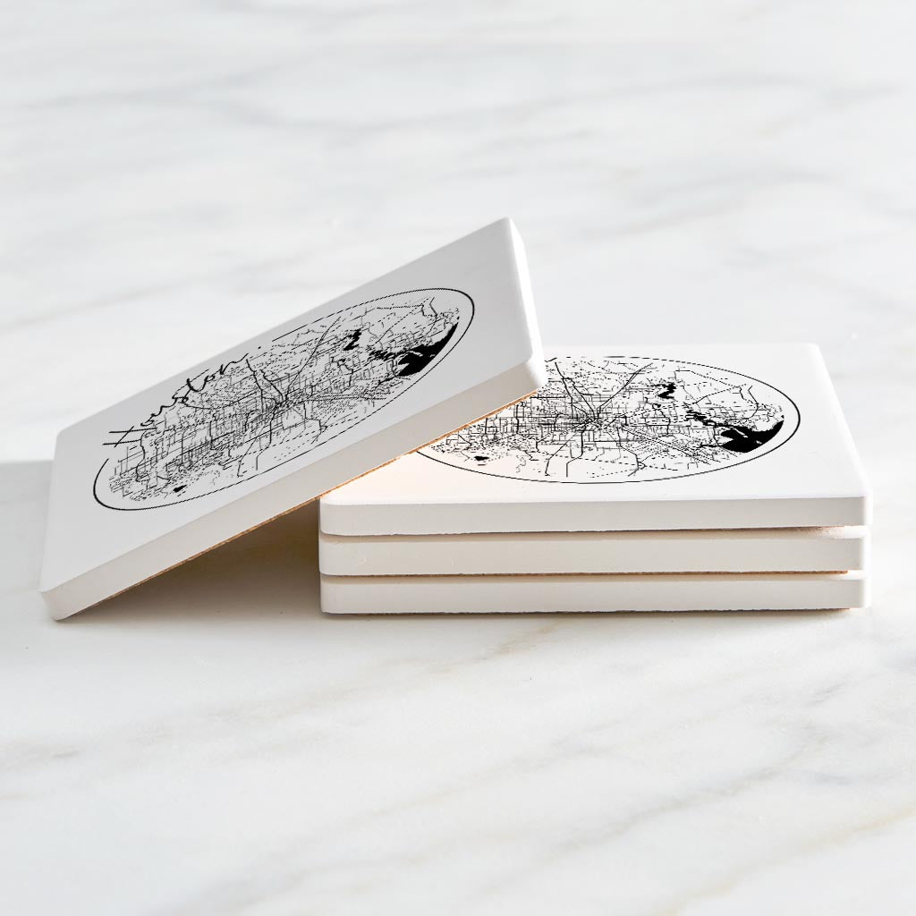 Modern Houston White Round Map | Absorbent Coasters | Set of 4 | Min 2