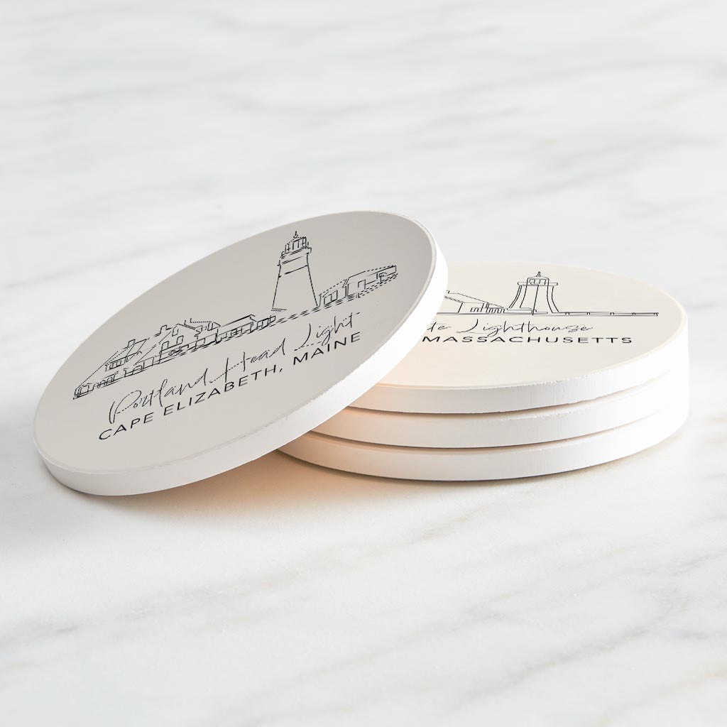 New England Lighthouses Cream Colored | Absorbent Coasters | Set of 4 | Min 2