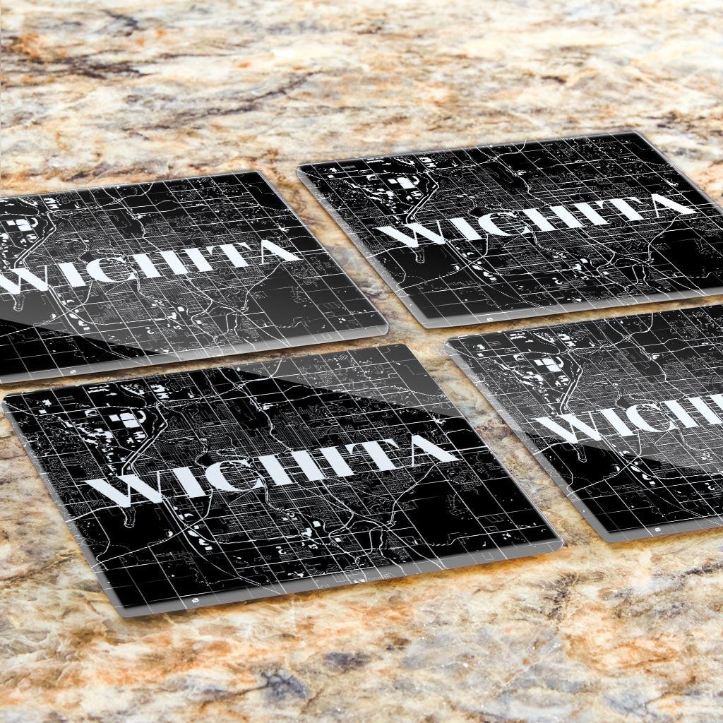 Minimalist B&W Kansas Wichita Map | Hi-Def Glass Coasters | Set of 4 | Min 2