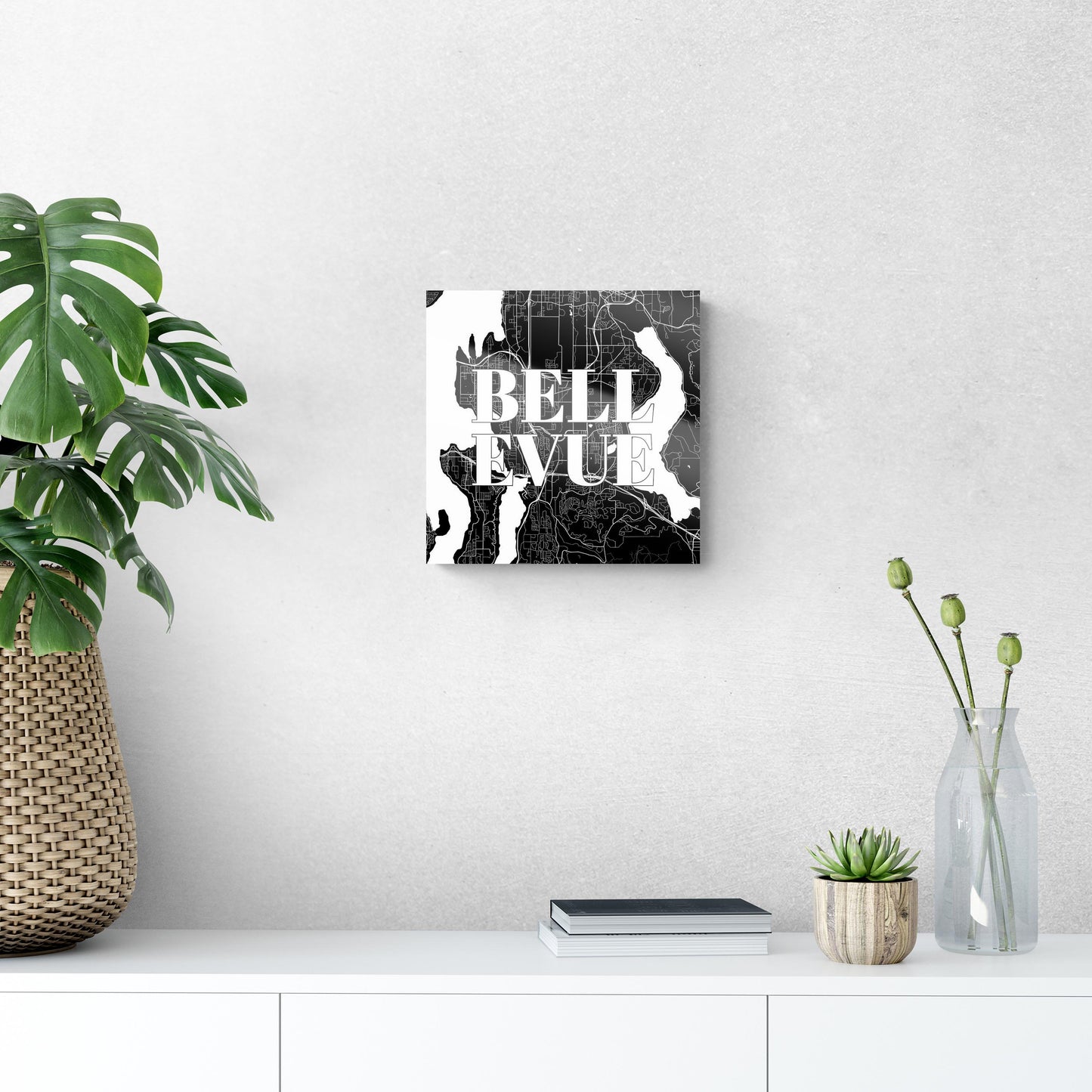 Minimalistic B&W Washington Bellevue Map | Hi-Def Glass Art | Eaches | Min 1