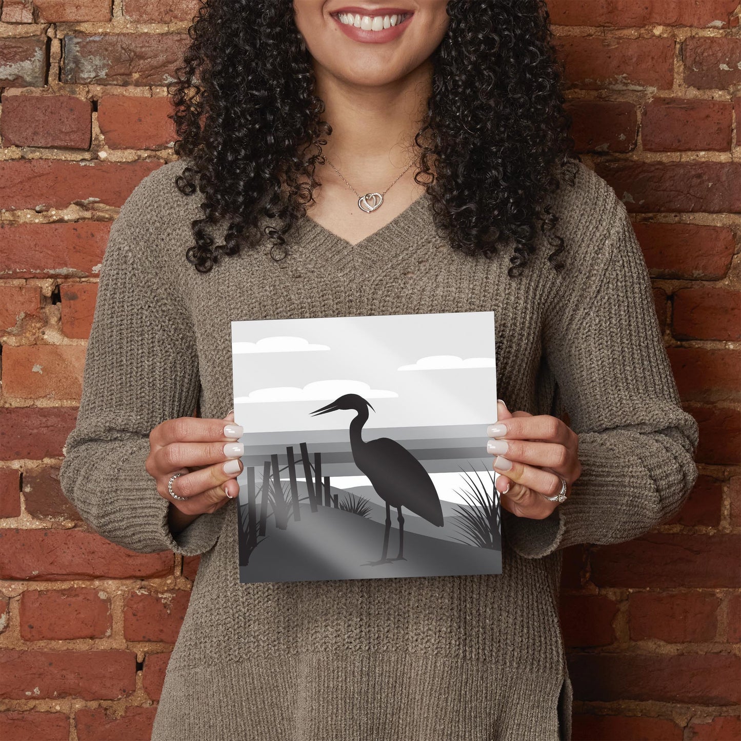 Minimalistic B&W Cape Cod Heron Illustration | Hi-Def Glass Art | Eaches | Min 2