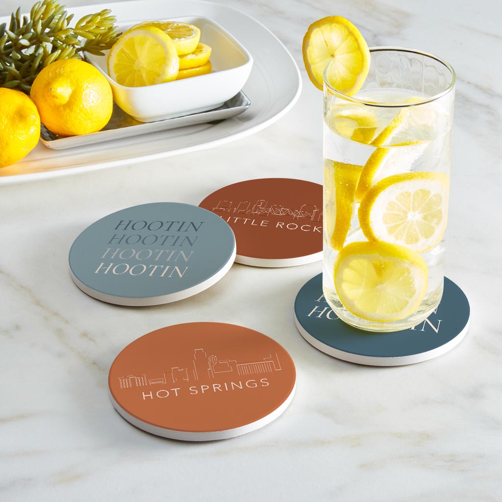 Modern Minimalist Arkansas Skyline Hootin Hollerin | Absorbent Coasters | Set of 4 | Min 2