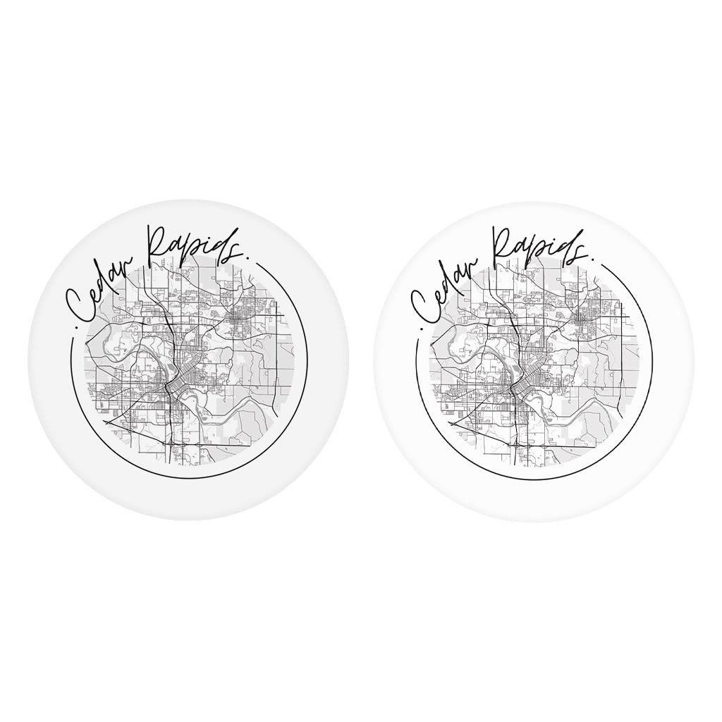 Minimalistic B&W Iowa Cedar Rapids Circle Map | Absorbent Car Coasters | Set of 2 | Min 4