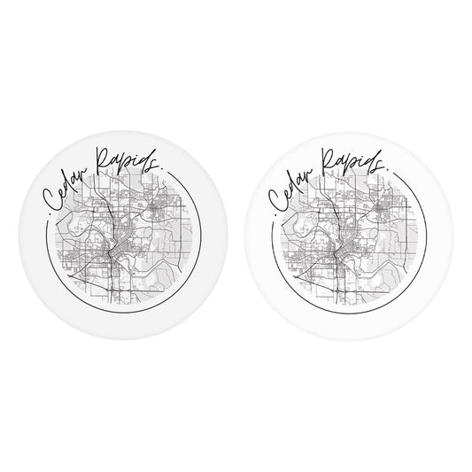 Minimalistic B&W Iowa Cedar Rapids Circle Map | Absorbent Car Coasters | Set of 2 | Min 4