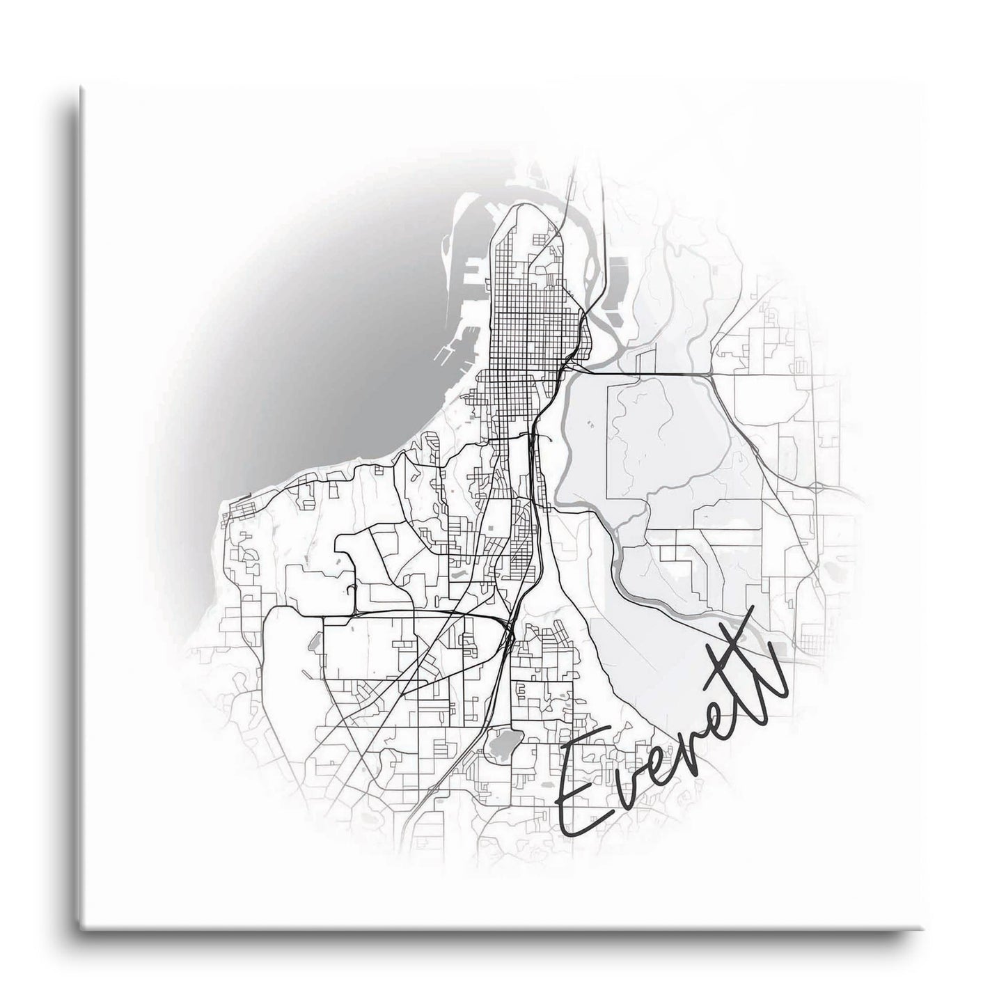 Minimalistic B&W Washington Everett Circle Map | Hi-Def Glass Art | Eaches | Min 1
