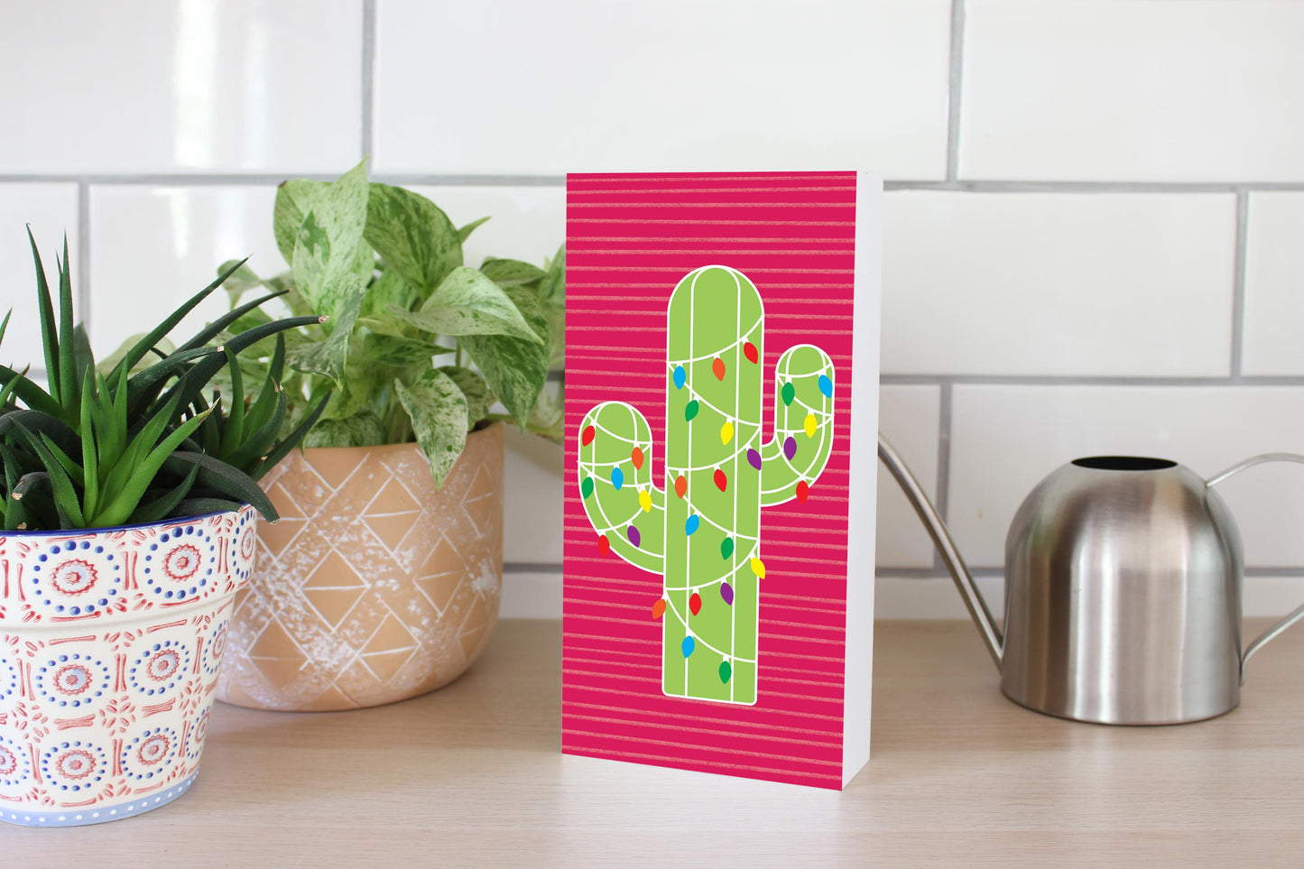 Bright Christmas Cactus | Wood Block | Eaches | Min 4