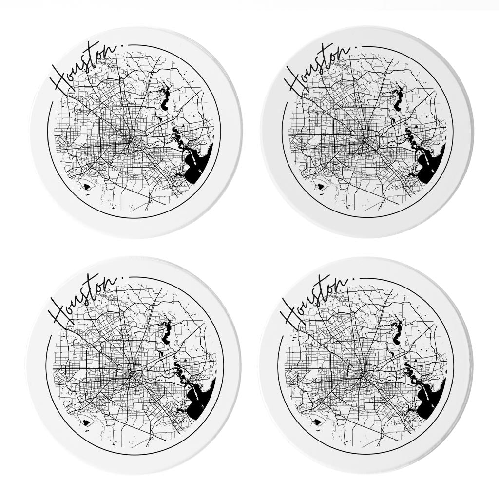 Modern Houston White Round Map | Absorbent Coasters | Set of 4 | Min 2