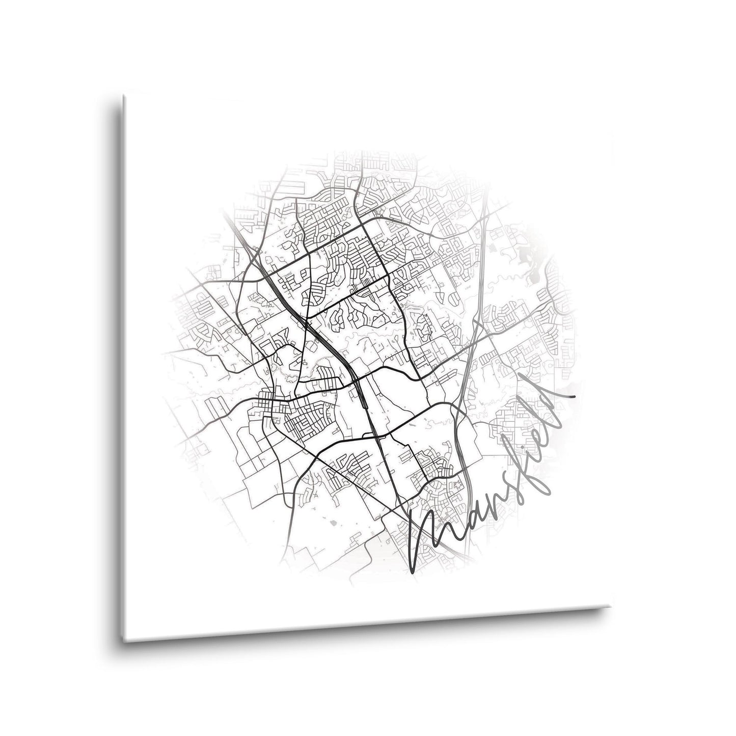 Minimalistic B&W Texas Mansfield Circle Map | Hi-Def Glass Art | Eaches | Min 1