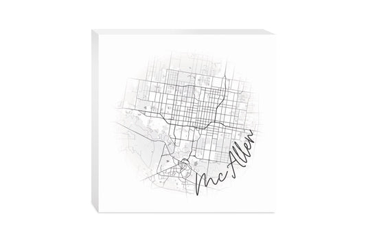 Minimalistic B&W Texas Mcallen Circle Map | Wood Block | Eaches | Min 2