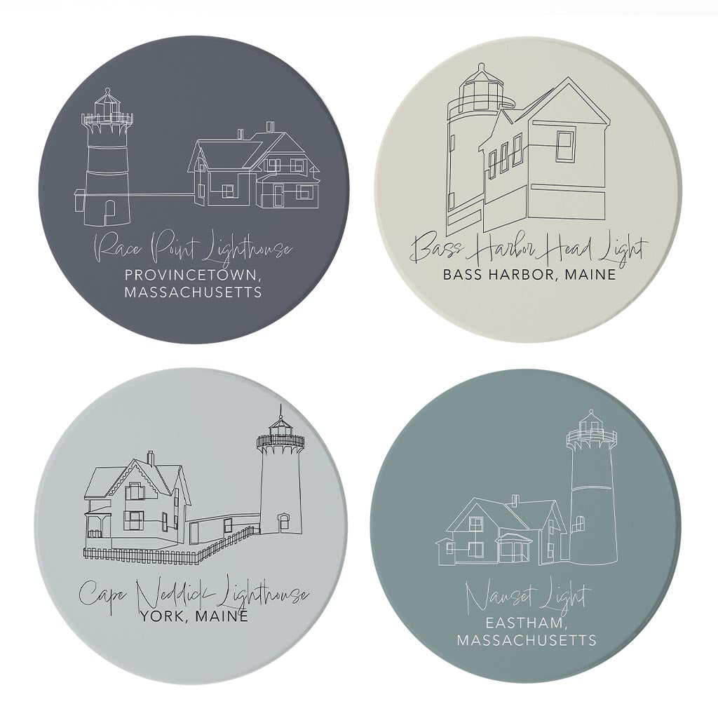 New England Lighthouses Muted Coastal | Absorbent Coasters | Set of 4 | Min 2