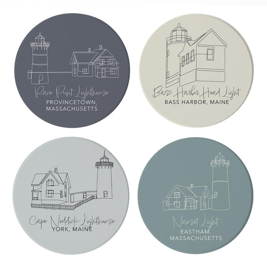 New England Lighthouses Muted Coastal | Absorbent Coasters | Set of 4 | Min 2