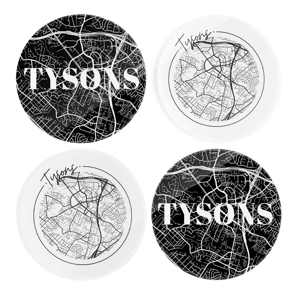 Minimalistic B&W Virginia Tysons Maps| Hi-Def Glass Coasters | Set of 4 | Min 2