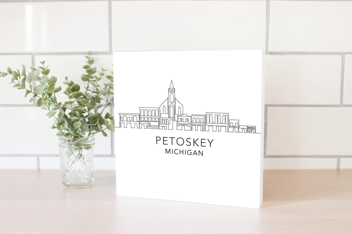 Minimalistic B&W Michigan Petoskey Skyline | Wood Block | Eaches | Min 2
