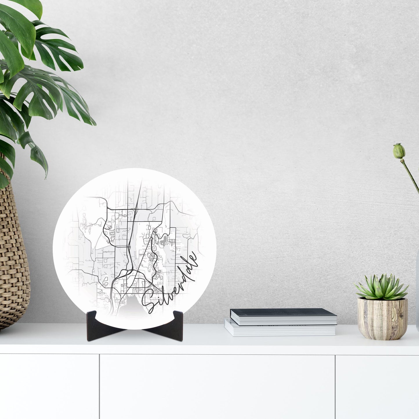 Minimalistic B&W Washington Silverdale Circle Map | Wood Sign | Eaches | Min 1