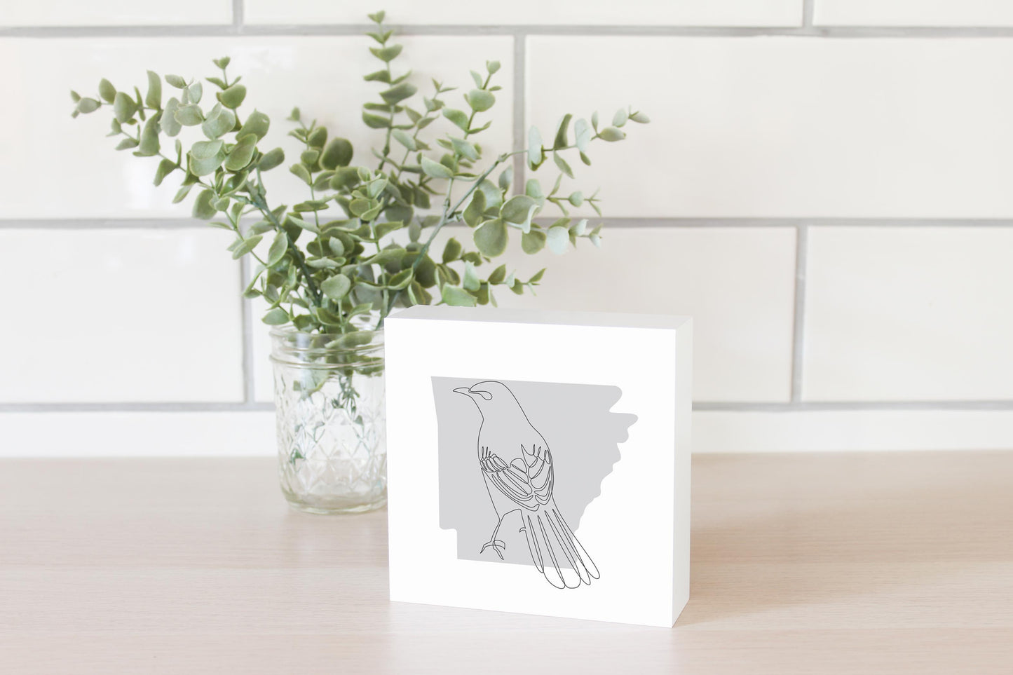 B&W Minimalist Arkansas Single Line Bird | Wood Block | Eaches | Min 4