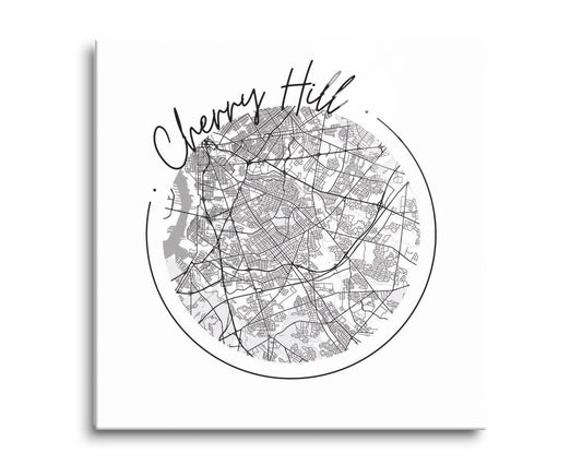 Minimalistic B&W New Jersey Cherry Hill Circle Map | Hi-Def Glass Art | Eaches | Min 2