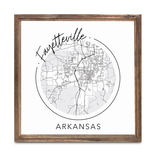 Minimalist B&W Arkansas Fayetteville Circle Map | Wood Sign | Eaches | Min 1