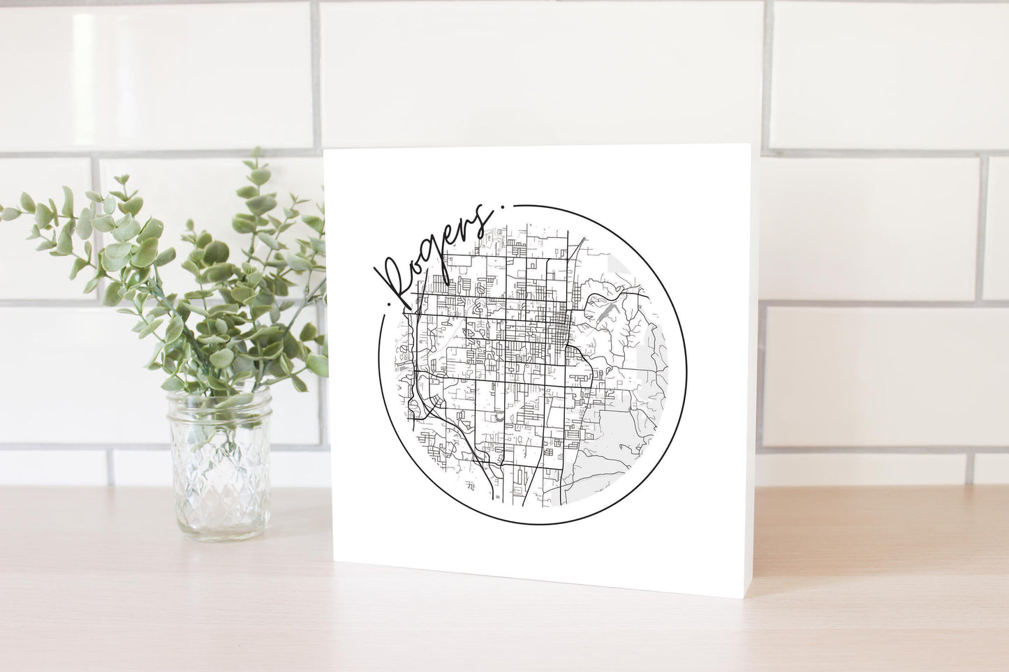 Minimalist B&W Arkansas Rogers Circle Map | Wood Block | Eaches | Min 2