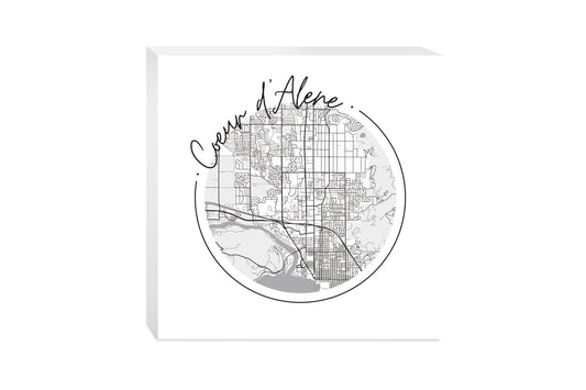 Minimalist B&W Idaho Coeur Dalene Circle Map | Wood Block | Eaches | Min 2