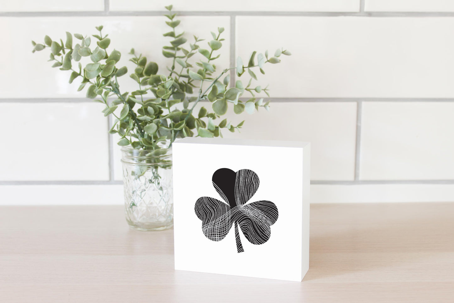 Minimalistic B&W Shamrock Shape Fluid Lines | Wood Block | Eaches | Min 4
