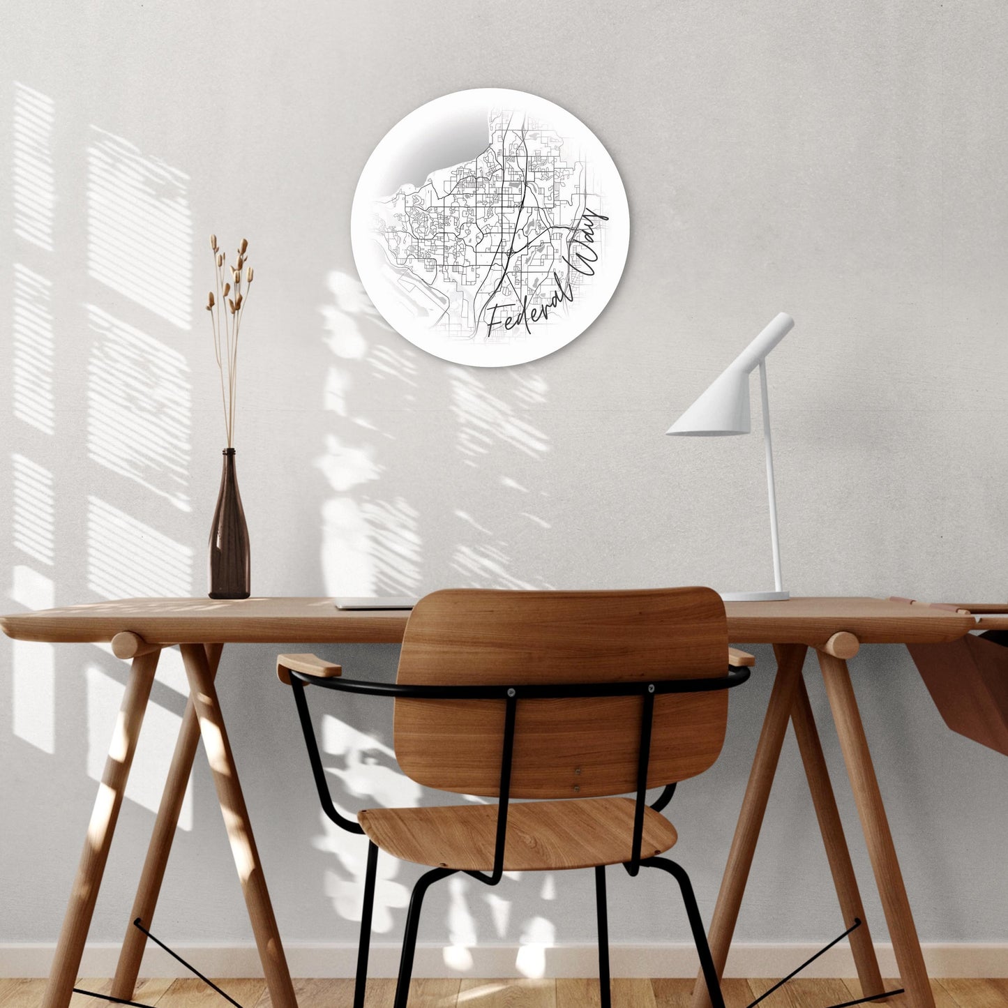 Minimalistic B&W Washington Federal Way Circle Map | Wood Sign | Eaches | Min 1