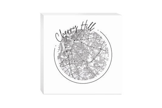 Minimalistic B&W New Jersey Cherry Hill Circle Map | Wood Block | Eaches | Min 2