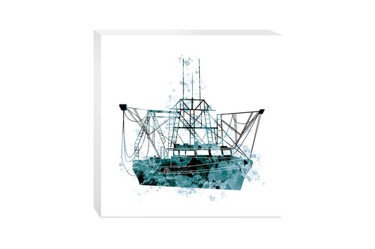 Blue White Water Color Shrimp Boat | Wood Block | Eaches | Min 2
