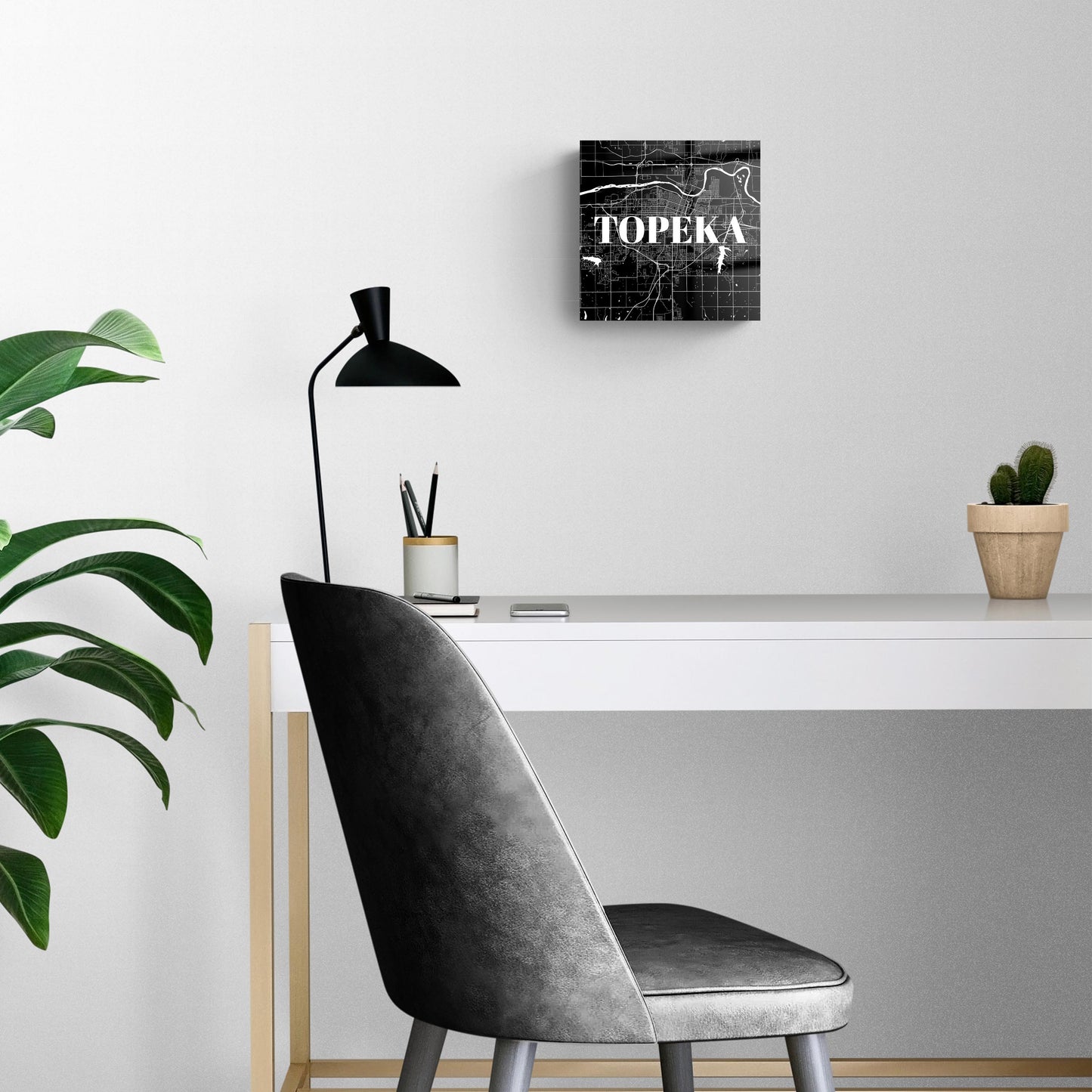 Minimalist B&W Kansas Topeka Map | Hi-Def Glass Art | Eaches | Min 2