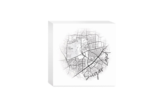 Minimalistic B&W Texas Sugarland Circle Map| Wood Block | Eaches | Min 4