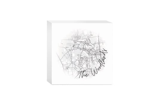 Minimalistic B&W Texas The Woodlands Circle Map| Wood Block | Eaches | Min 4