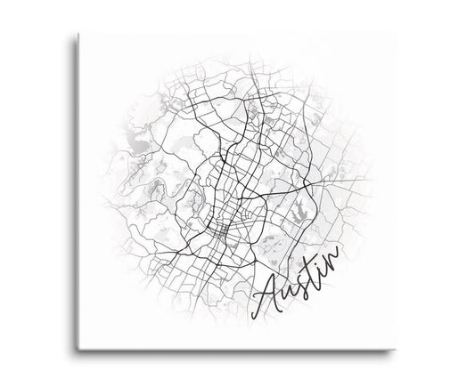 Minimalistic B&W Texas Austin Circle Map | Hi-Def Glass Art | Eaches | Min 2