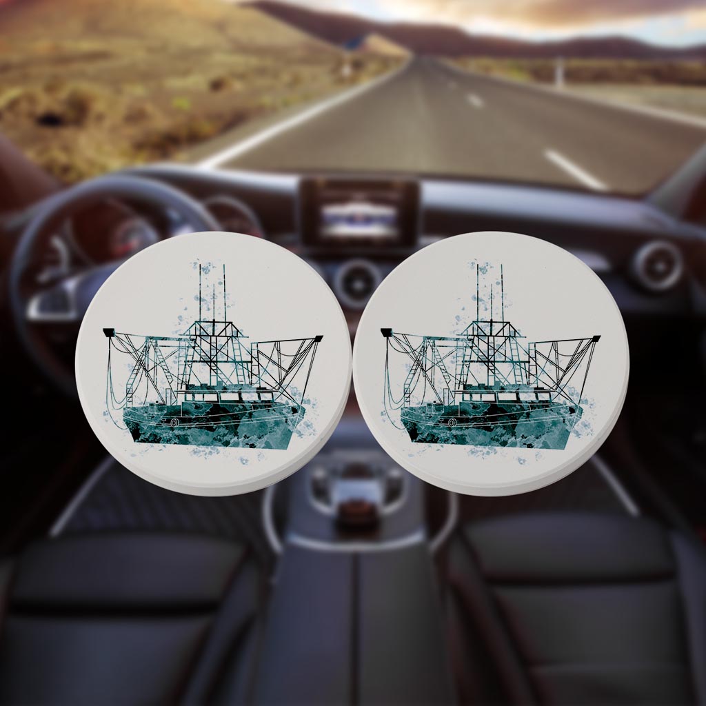 Blue White Water Color Shrimp Boat | Absorbent Car Coasters | Set of 2 | Min 4