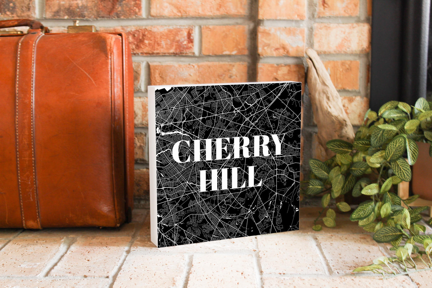 Minimalistic B&W New Jersey Cherry Hill Map | Wood Block | Eaches | Min 2