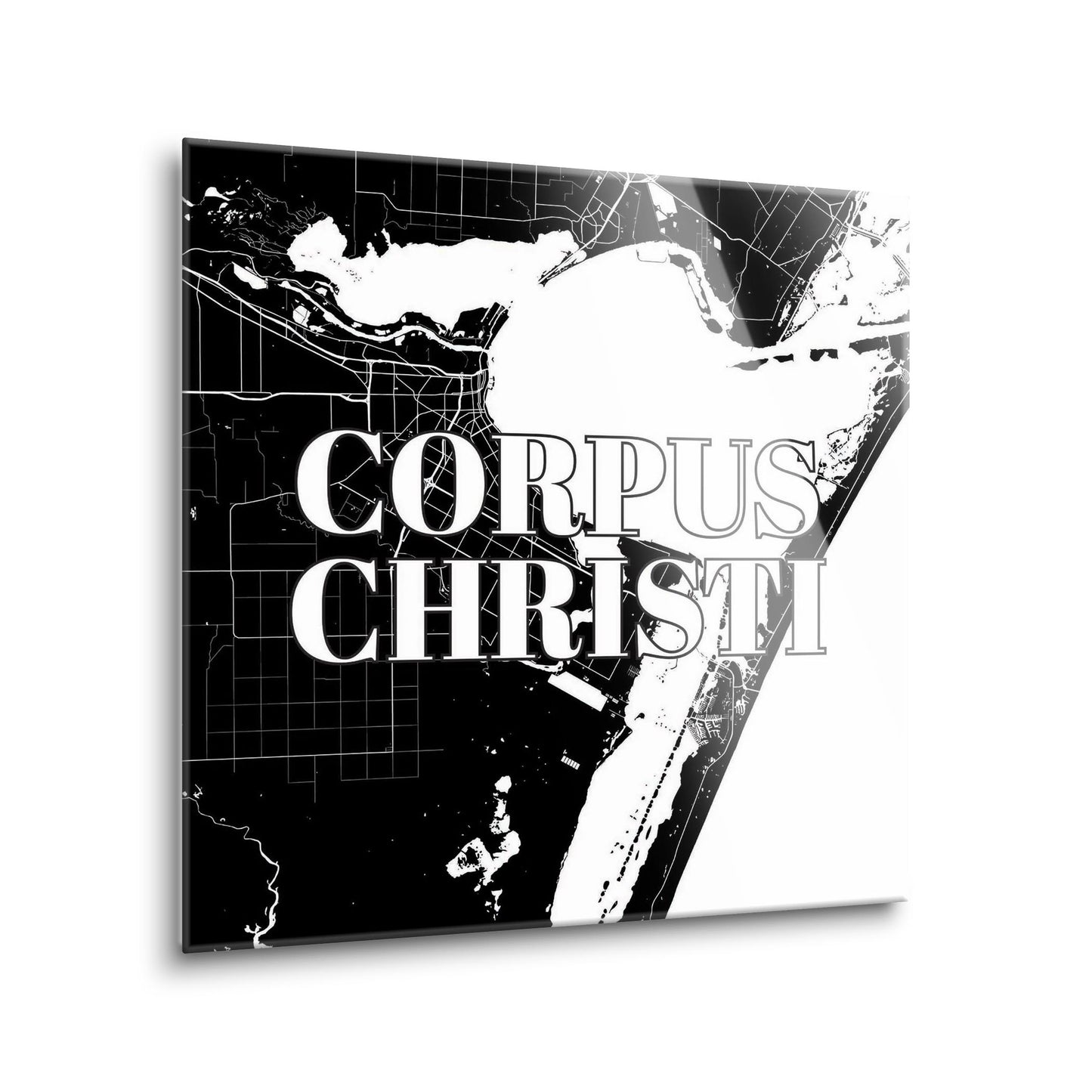 Minimalistic B&W Texas Corpus Christi Map | Hi-Def Glass Art | Eaches | Min 1