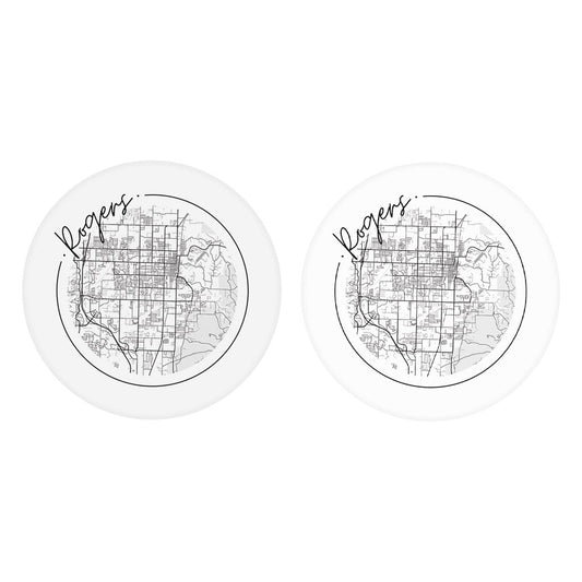 Minimalist B&W Arkansas Rogers Circle Map | Absorbent Car Coasters | Set of 2 | Min 4