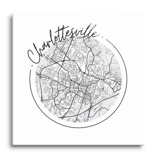 Minimalistic B&W Virginia Charlottesville Circle Map | Hi-Def Glass Art | Eaches | Min 1
