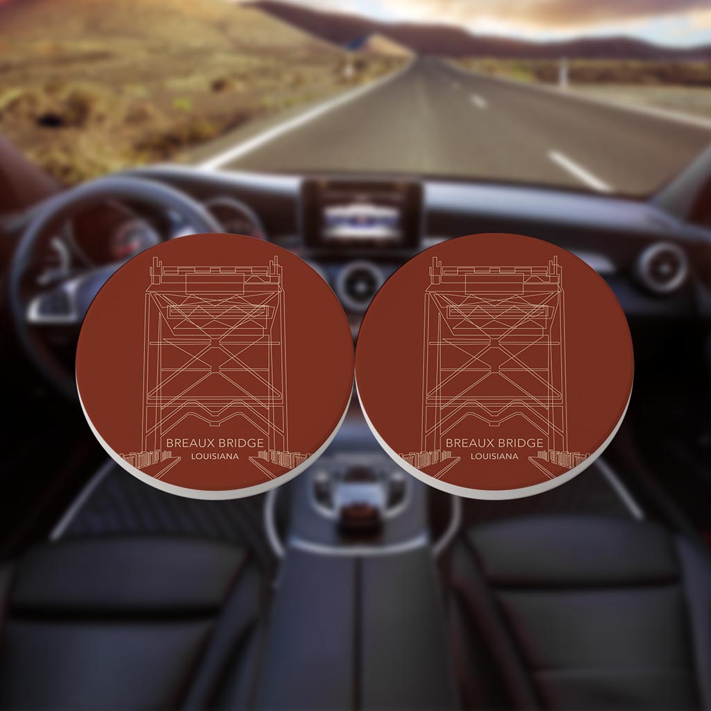 Modern Minimalist Louisiana Breaux Bridge Drawing | Absorbent Car Coasters | Set of 2 | Min 4