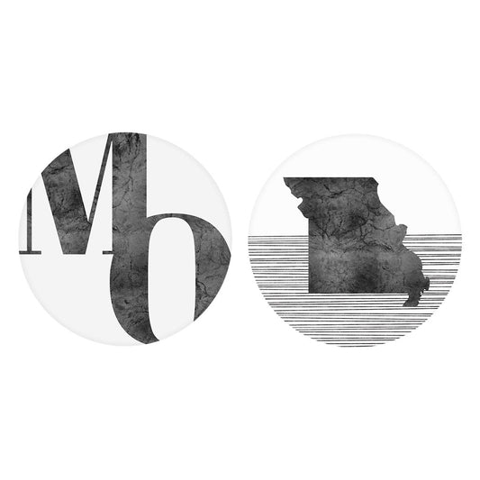 Minimalist B&W Missouri White Initials State Shape| Absorbent Car Coasters | Set of 2 | Min 4