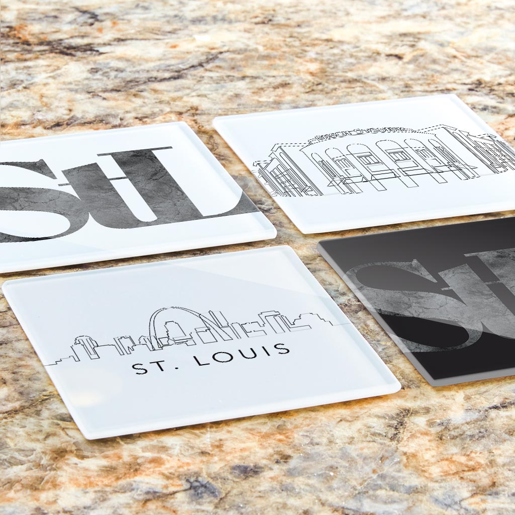Minimalist B&W Missouri St Louis Line Drawings Stl | Hi-Def Glass Coasters | Set of 4 | Min 2