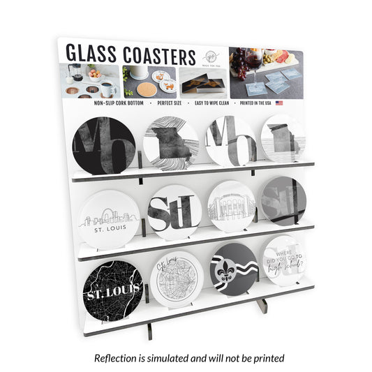 Minimalist B&W Missouri St. Louis Circle Glass Coaster Loaded Display POP Min of 1