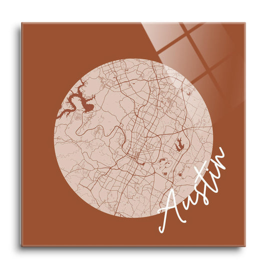 Modern Minimalist Texas Austin Circle Map | Hi-Def Glass Art | Eaches | Min 1