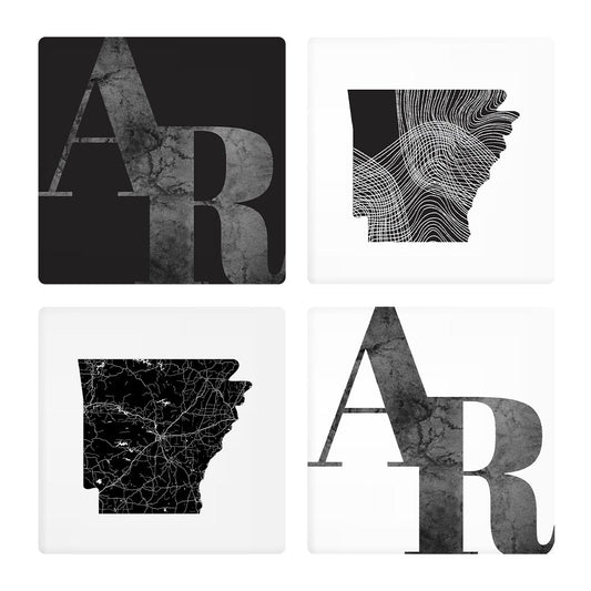 B&W Minimalist Arkansas Initials And State Shapes | Absorbent Coasters | Set of 4 | Min 2